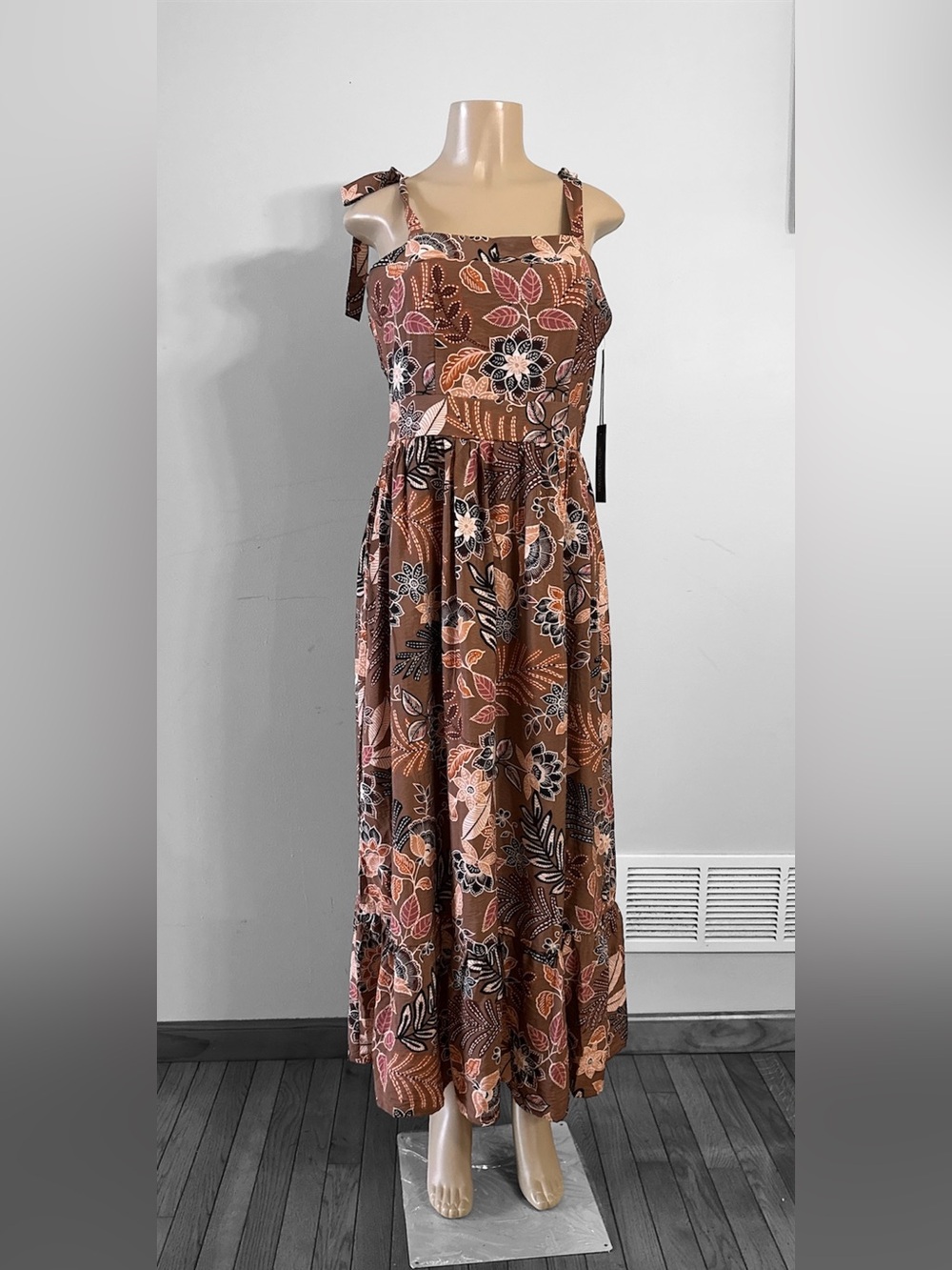 Rachel Zoe Brown Floral Tie-Shoulder Maxi Dress